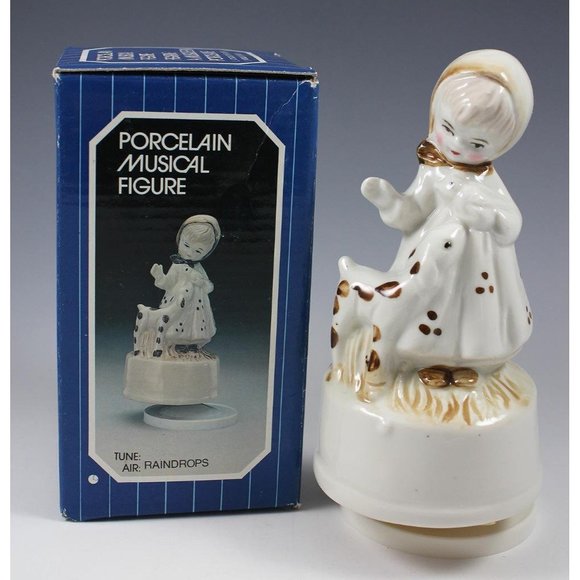 Vtg 1983 Action Industries Porcelain Musical Figure "Raindrops" Girl w/Fawn Bird - Picture 1 of 8